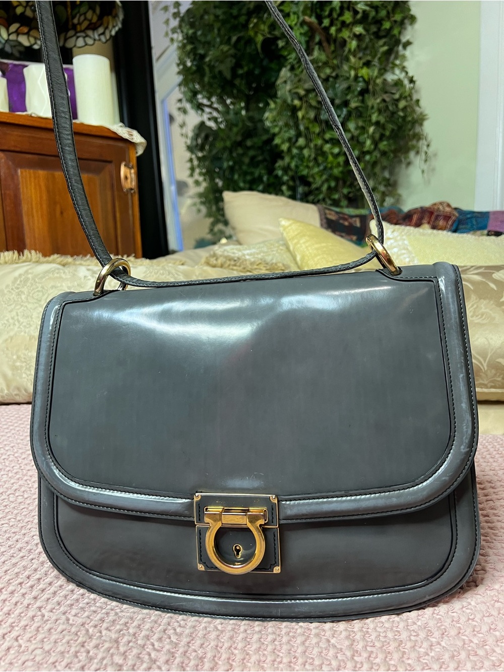 Vintage Salvatore Ferragamo Gray Patent Gancini Shoulder Bag
